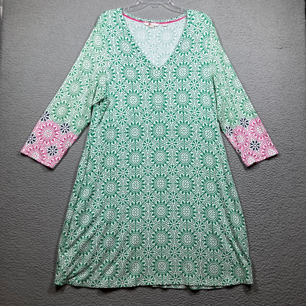 Boden Babydoll Dress Womens 16/18L Green White Medallion V-Neck 3/4 Sleeve J0589